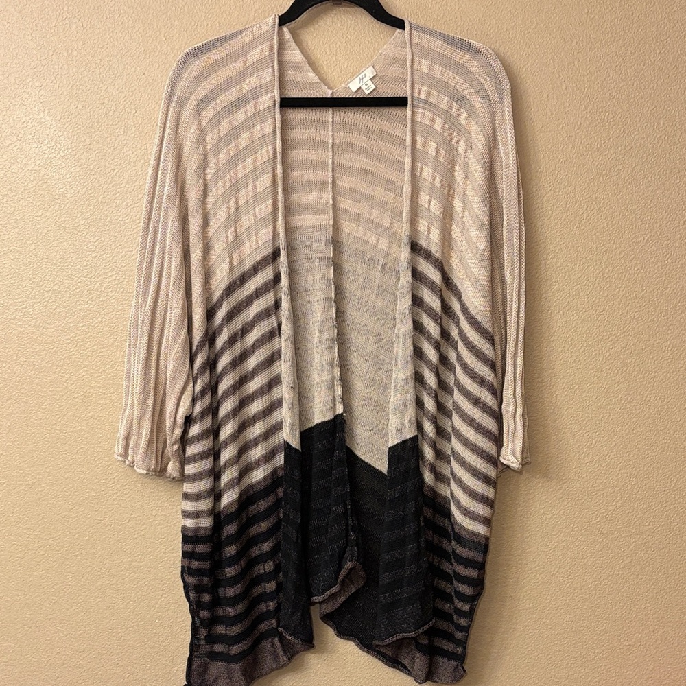 J.JILL Striped Open-Front Women’s Cardigan Sweater Beige Brown Black Oversized M